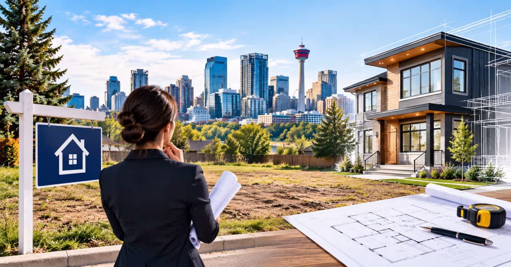 Calgary infill lot with modern home construction and urban skyline.