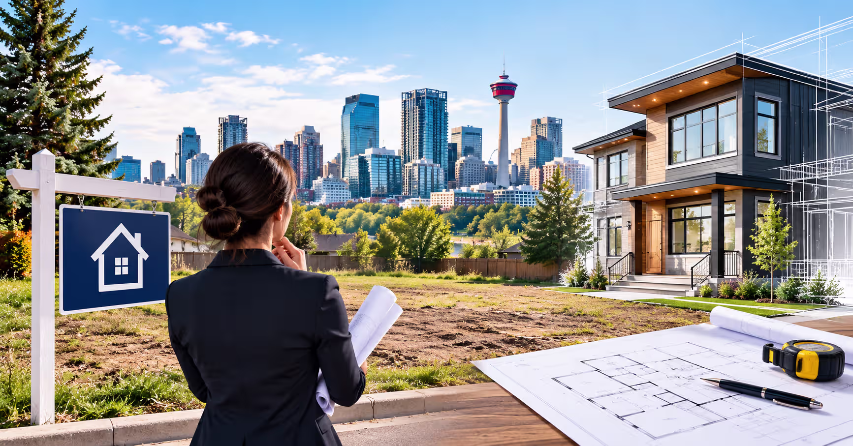 Calgary infill lot with modern home construction and urban skyline.